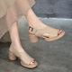 Fish mouth sandals for women 2025 summer new retro leather round toe thick heel shoes casual buckle hollow Roman shoes