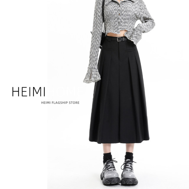 Gray suit skirt for women in spring, summer and autumn pocket design A-line skirt with high waist mid-length slit pleated skirt