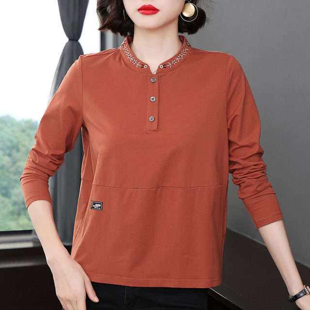 Pure cotton long -sleeved T -shirt women loose 2025 spring new casual autumn jacket middle elderly mother mother shirt bottom shirt