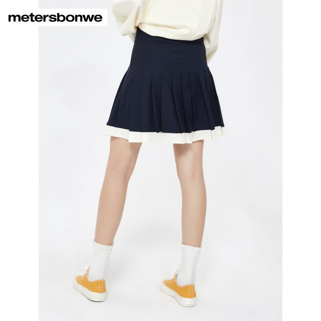 Metersbonway skirt for women autumn new versatile and comfortable contrasting color spliced ​​pleated skirt for slim short skirt A-line skirt
