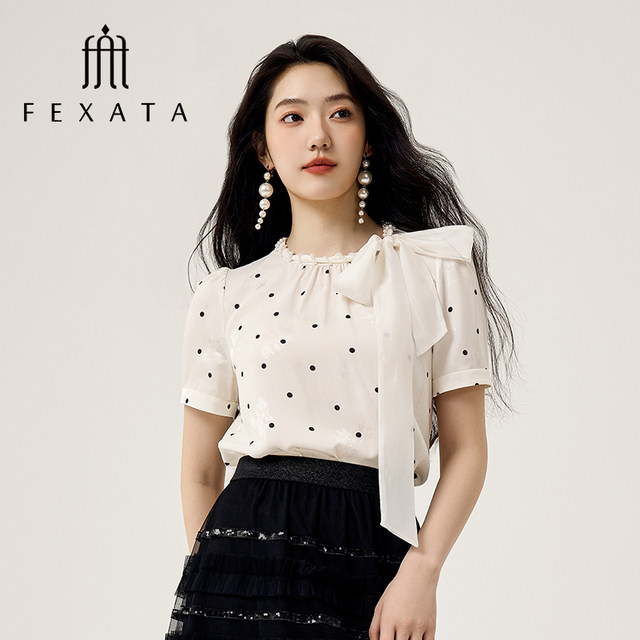 FEXATA Figus 2025 summer new product French design bow tied polka dot short-sleeved shirt for women