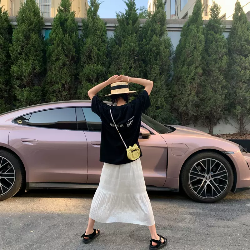 白色褶皺半身裙垂墜感雪紡裙百褶裙中長版