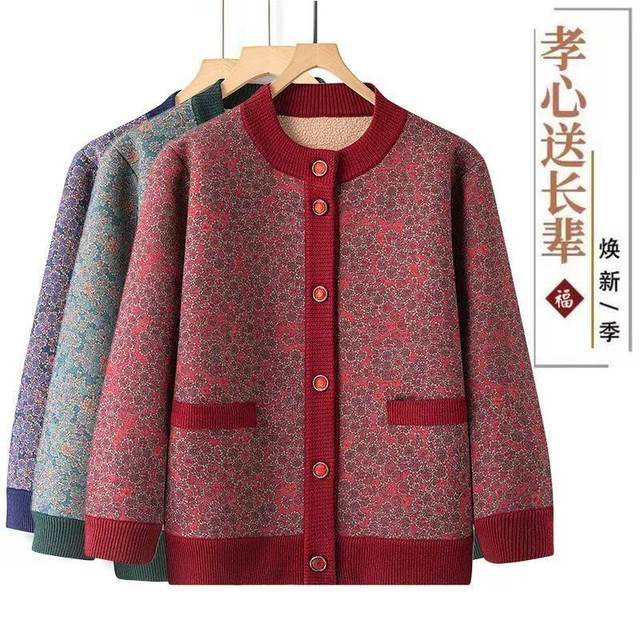 Mom's new autumn and winter velvet thickened tops for middle-aged and elderly cardigans printed casual and stylish grandma coats for women