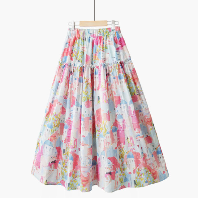 Spring sweet and fresh printed A-line skirt with fungus spliced ​​French print high-waisted slim mid-length skirt