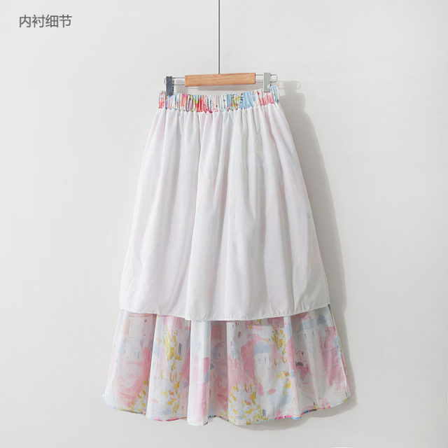 Spring sweet and fresh printed A-line skirt with fungus spliced ​​French print high-waisted slim mid-length skirt