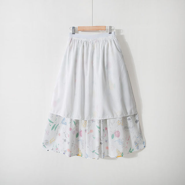 Spring new Korean version small fresh high waist slim A-line large hem skirt commuting cartoon printed mid-length cotton skirt
