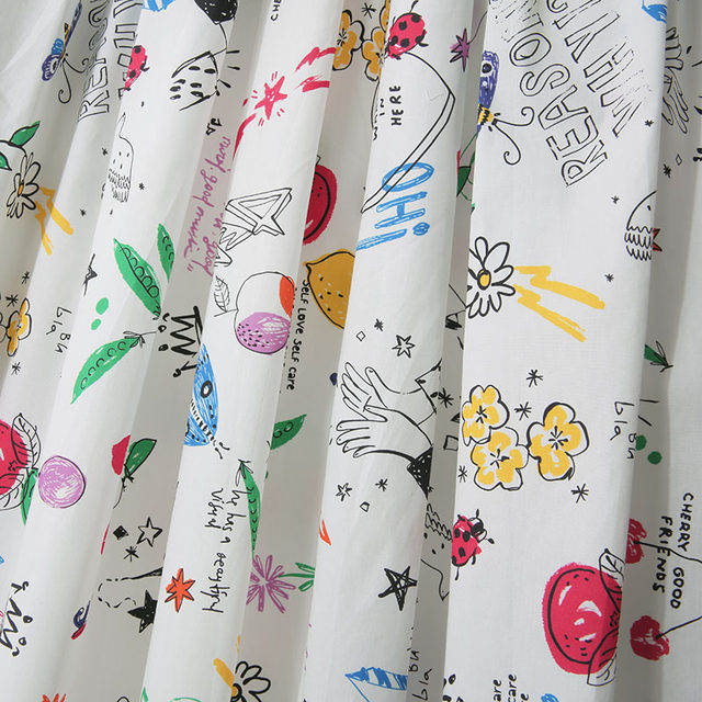 Spring new Korean version small fresh high waist slim A-line large hem skirt commuting cartoon printed mid-length cotton skirt
