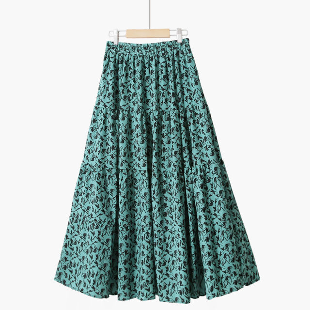 Spring Korean version of commuting high waist slim A-line large hem skirt umbrella skirt chiffon print French retro long skirt
