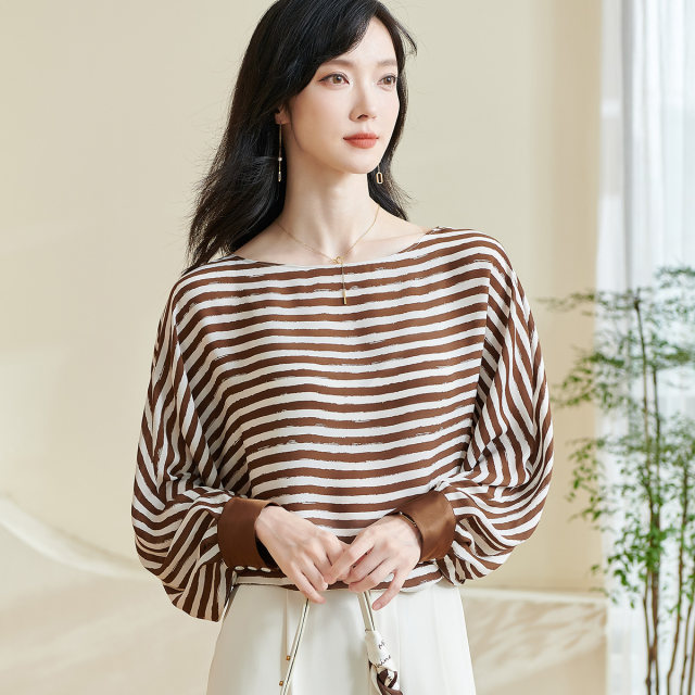 Misiyang 2025 spring new casual and fashionable striped shirt one-length collar loose comfortable long-sleeved top 0862