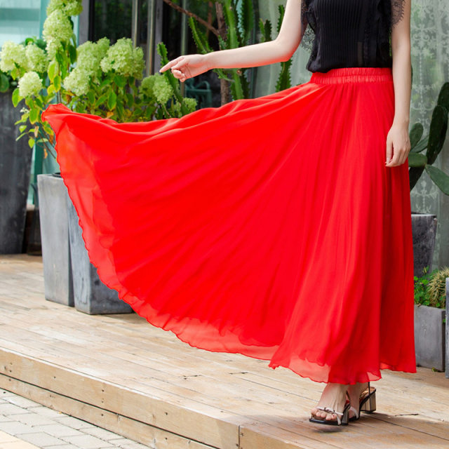 Drooping chiffon skirt mid-length spring and autumn versatile high-waisted A-line 540-degree large sling and mopping dance long skirt