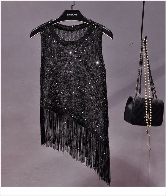 Korean version 2019 new summer sequin tassel vest gold thread small suspender wear sleeveless knitted sequin top for women