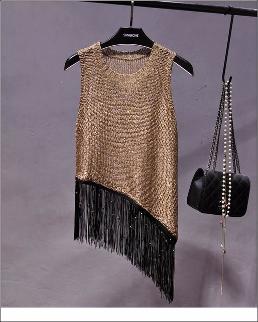 Korean version 2019 new summer sequin tassel vest gold thread small suspender wear sleeveless knitted sequin top for women