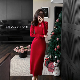 2024 Autumn and Winter New Chinese Modified Cheongsam Knitted Dress New Year Red Toast Dress Over Lying Long Skirt