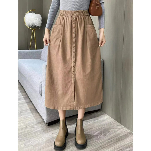Pure -colored oblique cotton skirt, commute fashion pocket, autumn skirt retro Hong Kong style versatile casual long skirt
