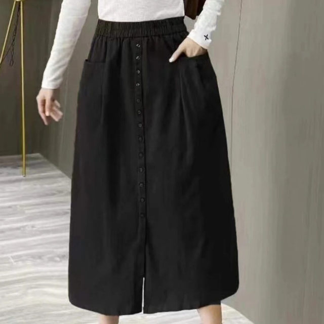 Pure -colored oblique cotton skirt, commute fashion pocket, autumn skirt retro Hong Kong style versatile casual long skirt
