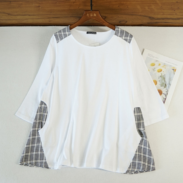 Japanese ladies cotton seven -point sleeve loose skirt shirt, spring and summer new pocket T -shirt medium long white 8337