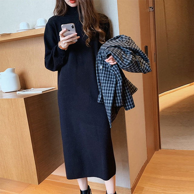 Large size loose belly-covering slim sweater skirt for obese mm with half-high collar and bottoming knitted long style with coat dress