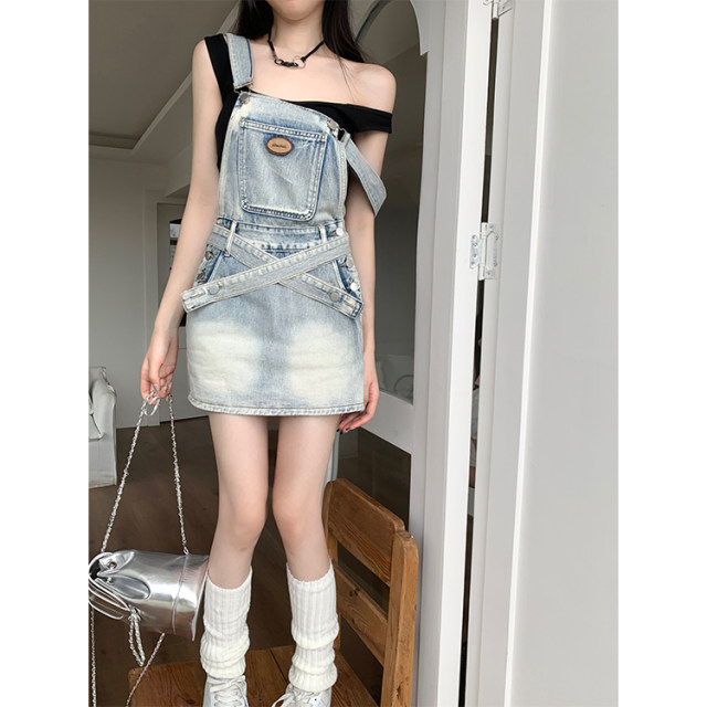 Spring women's versatile retro washing strap skirt jeans skirt old design mid-length hip-cover short skirt
