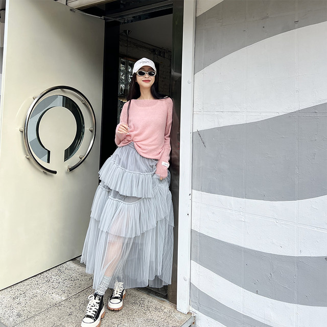 Si four tulle skirt for women with half-body mid-length high waist versatile pleated cake skirt fluffy skirt slim gray tulle skirt
