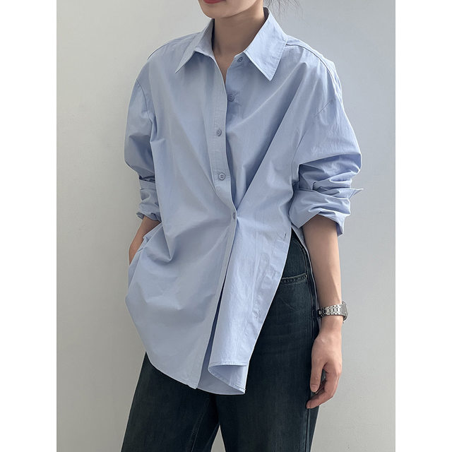 Super beautiful! irregular side slit slanted button-down shirt for women in spring and autumn new design niche and unique top