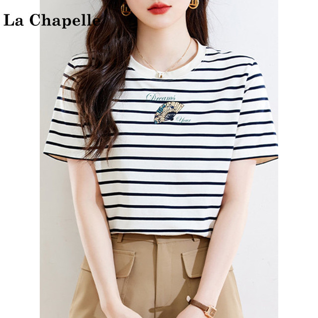 La Chapelle striped short-sleeved T-shirt for women 2025 new summer pure cotton fan letter printed round neck top
