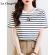 La Chapelle striped short-sleeved T-shirt for women 2025 new summer pure cotton fan letter printed round neck top
