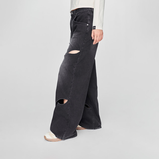 Lee25 spring and summer new loose fit hollow design black gray women's wide-leg jeans