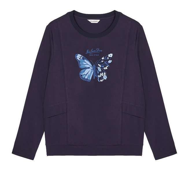Milanden middle-aged and elderly mother's clothing 2025 autumn new round neck fashionable butterfly print T-shirt women's long-sleeved thick