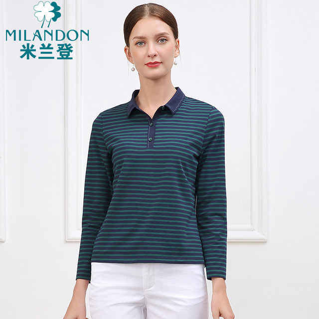Milanden middle-aged and elderly mothers' POLO collar long-sleeved T-shirt women's spring and autumn new fashion striped knitted top