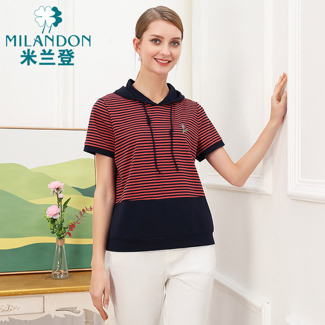 Milanden middle-aged and elderly mother's clothing spring and summer new hooded short-sleeved T-shirt women's striped casual fashion embroidered thin