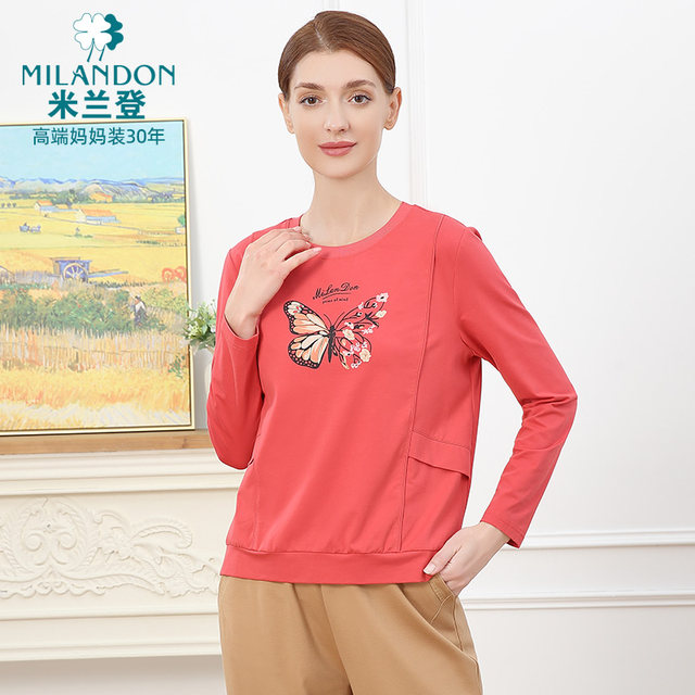 Milanden middle-aged and elderly mother's clothing 2025 autumn new round neck fashionable butterfly print T-shirt women's long-sleeved thick