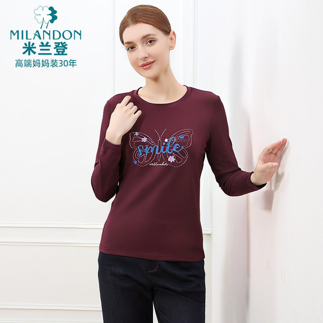 Miranden middle-aged and elderly mothers wear 2025 autumn new round neck fashionable printed T-shirt for women long sleeves casual thick