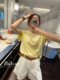 Zhiyan South Korea imported light and thin summer white yellow solid color rolled sleeve round neck small version fitted casual T-shirt