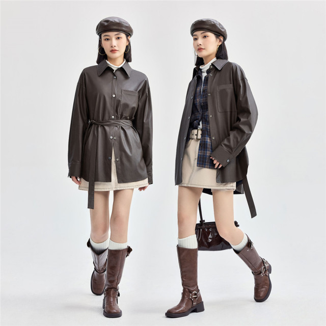 Zandanu leather jacket female retro locomotive wind lapel waistband loose mid -length soft jacket 18374612
