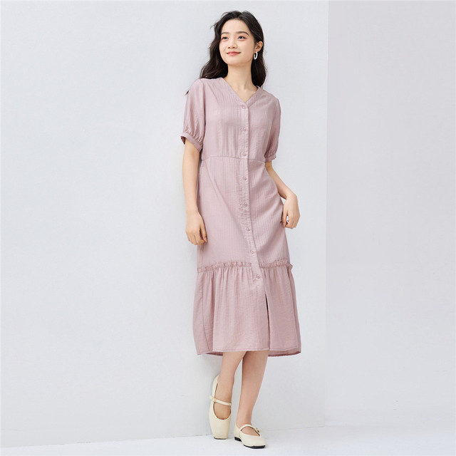 Giordano skirt for women new casual vacation style ruffle hem V-neck short-sleeved dress for women 05465071
