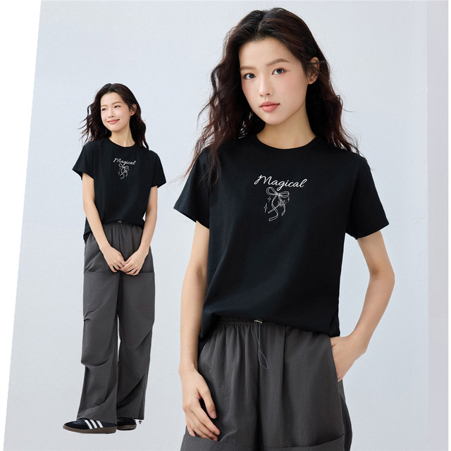 Giordano short-sleeved T-shirt for women new pure cotton bow printed sweet style round neck casual top 13325323