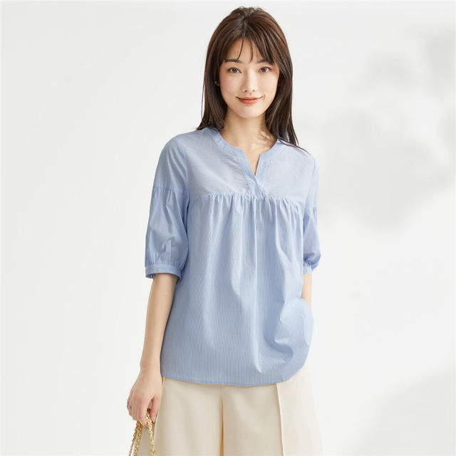 Giordano bubble shirt for women summer pure cotton woven V-neck pleated fashionable age-reducing short-sleeved striped shirt 18343703