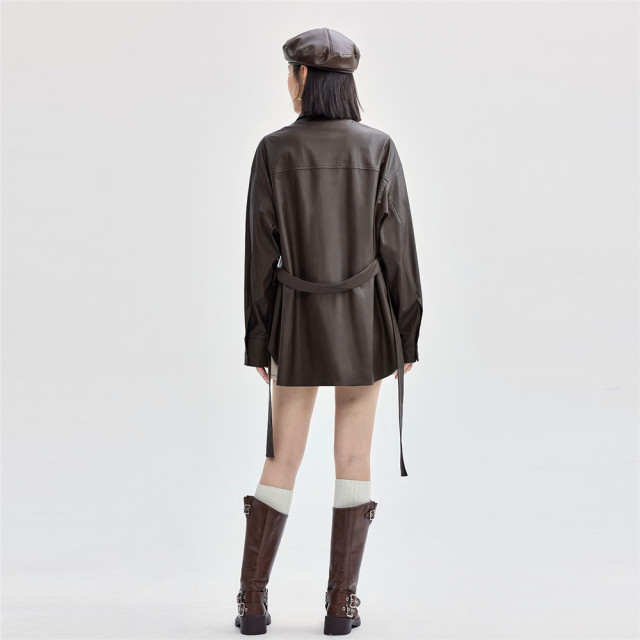Zandanu leather jacket female retro locomotive wind lapel waistband loose mid -length soft jacket 18374612
