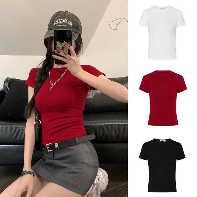 billkong waist-pinching red shoulder T-shirt summer new black short-sleeved women's short hot girls long-sleeved base shirt
