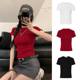 billkong waist-pinching red shoulder T-shirt summer new black short-sleeved women's short hot girls long-sleeved base shirt
