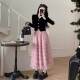 2025 spring and summer cake splicing pink high waist half body solid color cake skirt loose long skirt temperament commuter skirt
