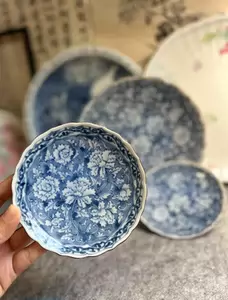 銀閣】中国美術 青花 纏枝蓮花紋 花盆 盆盤 景徳鎮製 款 φ20.5cm 旧家