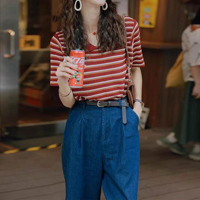Red striped polo collar T-shirt short-sleeved women's summer American shirt age-reducing lapel front shoulder top 0326u