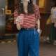 Red striped polo collar T-shirt short-sleeved women's summer American shirt age-reducing lapel front shoulder top 0326u
