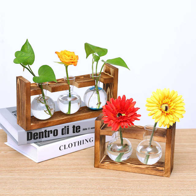 Creative wooden frame hydroponic glass vase green dill water-cultured plant flower device office home gardening desktop display decoration