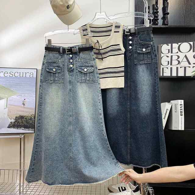 Retro blue buttons Design Senior Skirt Women's Mid -length high -waist A -line skirt 2025 New denim skirt ins