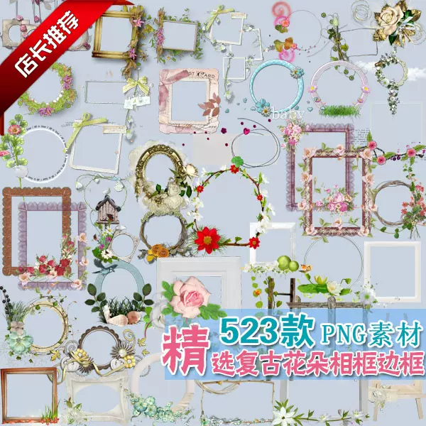 Ps设计png免抠图透明背景素材带装饰物花草复古相框边框