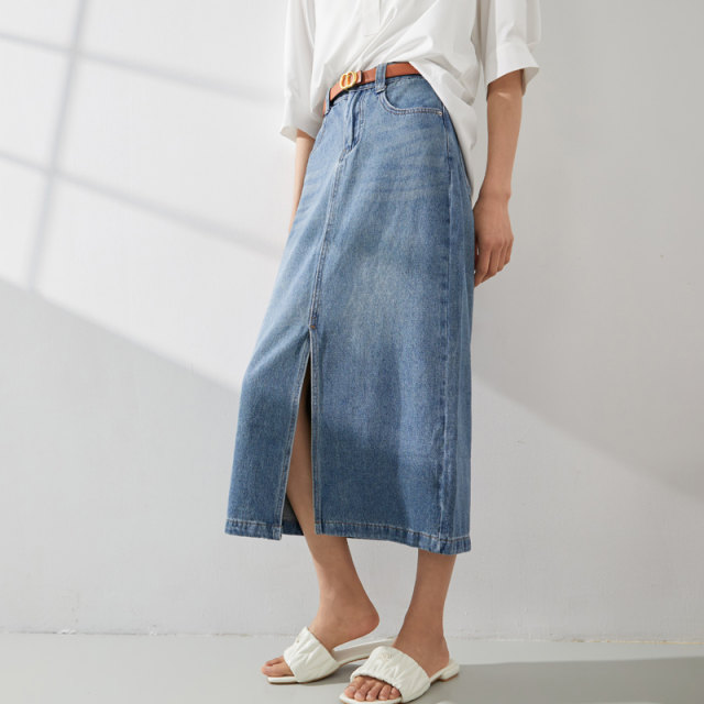 Mambe retro denim skirt for women in summer 2025 new high waist straight loose mid-length temperament large-size skirt