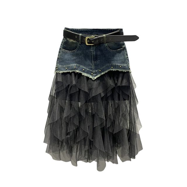
2025 spring and summer new style of personalized fashionable mesh spliced ​​denim mid-length skirt for women versatile slim A-line skirt