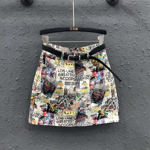 
2025 summer new Hong Kong style retro printed high-waist denim skirt for women casual and versatile A-line hip short skirt